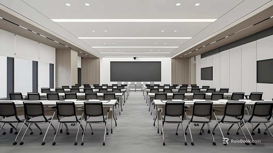 Public Office Space With Rows Of Tables And Chairs Projection Screen Modern Layout 3d model 