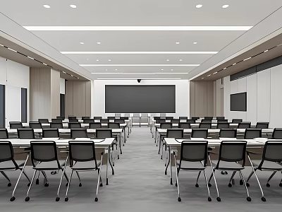 Public Office Space With Rows Of Tables And Chairs Projection Screen Modern Layout 3d model
