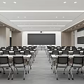 Public Office Space With Rows Of Tables And Chairs Projection Screen Modern Layout