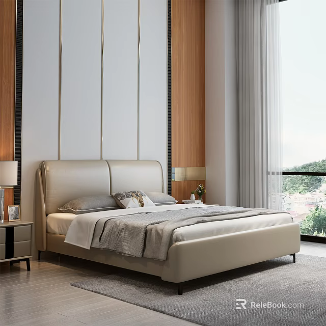 Modern Double Bed In Contemporary Bedroom With Nightstand 3d model 