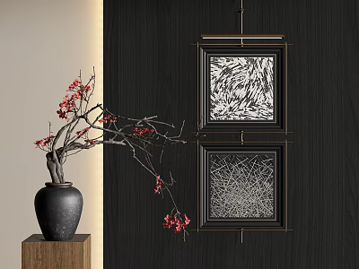 Two Modern Abstract Paintings on Black Wall with Golden Frames and Vase on Wooden Stand 3d model