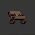 Comfortable Beige Rocking Chair With Red Wooden Armrests And Decorative Pillows