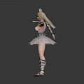 Female Warrior Character In Decorative Armor And Pink Skirt With Arms Outstretched On Gray Background