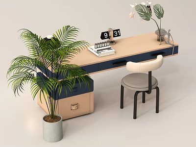 Modern Desk and Chair Combination Office Desk Green Plant Ornaments 3d model