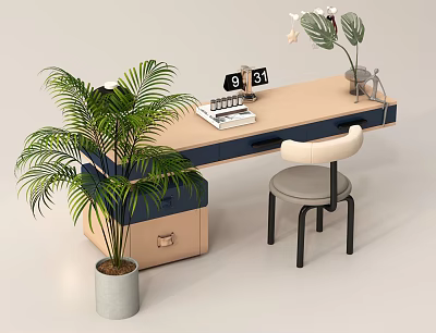 Modern Desk With Light Wood Top Dark Blue Drawers Potted Palm Plant Clock And Chair 3d model