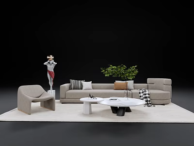 Modern Beige Sofa and Coffee Table Set with Accent Chair Green Plant Rug 3d model