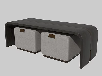 Modern Dark Wooden TV Stand with Two Light Gray Storage Ottomans and Contemporary Design 3d model