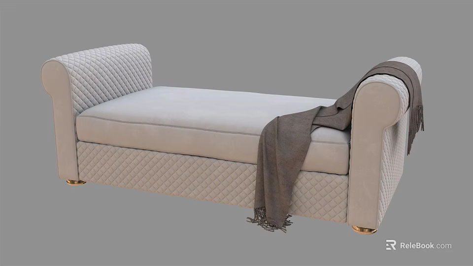 Beige Diamond Tufted Ottoman With Rolled Armrest Gold Legs And Gray Throw Blanket 3d model 