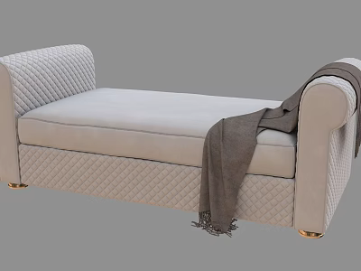 Beige Diamond Tufted Ottoman With Rolled Armrest Gold Legs And Gray Throw Blanket 3d model