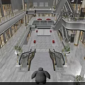 Shopping Mall Atrium with Glass Skylight Ceiling Multiple Escalators Retail Shops and Shoppers