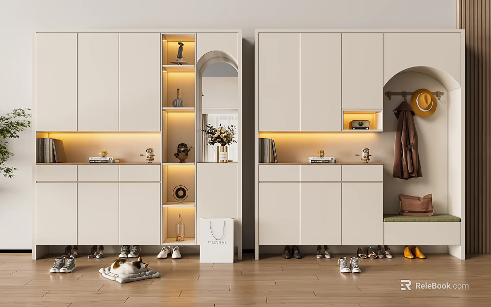 Modern White Shoe Cabinet With LED Lighting Open Shelves Coat Rack Bag Storage And Shoes 3d model 