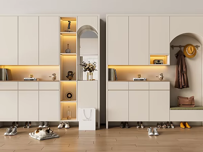 Modern White Shoe Cabinet With LED Lighting Open Shelves Coat Rack Bag Storage And Shoes 3d model