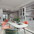 Elegant Modern Living Dining Room With White Sofa Blue Bench TV Wall And Decorative Painting