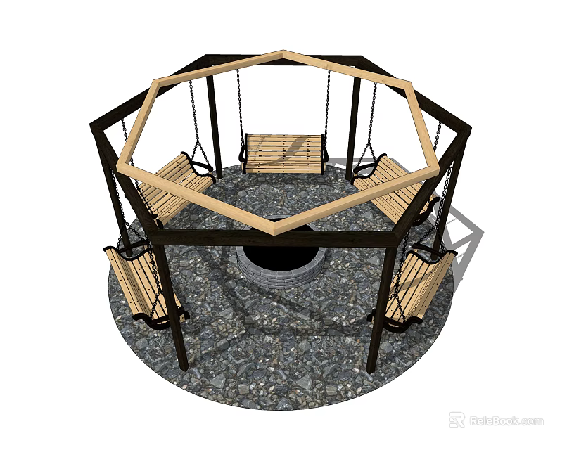 Outdoor Hexagonal Playground Equipment Featuring Swings Benches and Gravel Ground 3d model 
