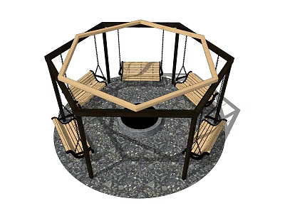 Outdoor Hexagonal Playground Equipment Featuring Swings Benches and Gravel Ground 3d model