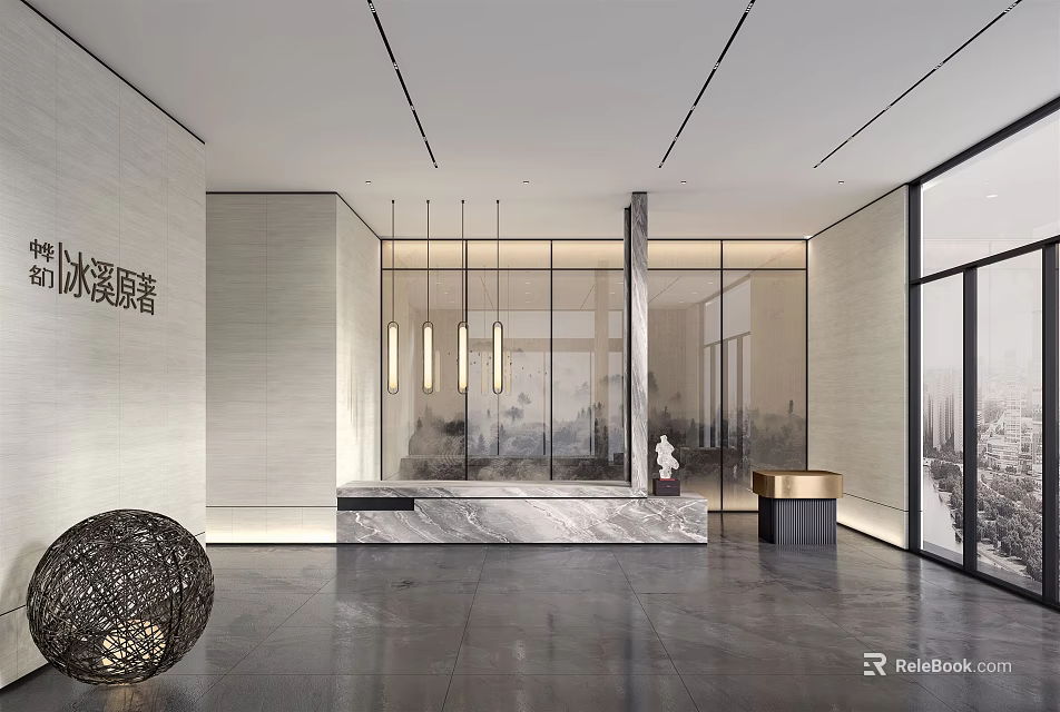 Modern Minimalist Front Desk Area With Marble Counter Glass Partitions And Pendant Lights 3d model 
