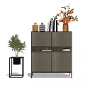 Modern Wooden Cabinet With Decorative Vases Plants And Side Table