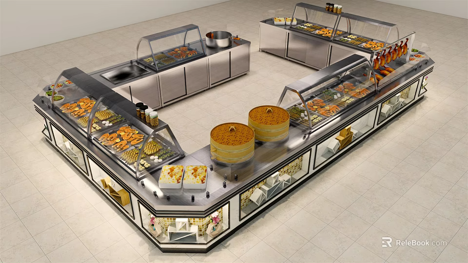Stainless Steel Display Shelves with Glass Doors Holding Food Pastries and Breads in Retail 3d model 