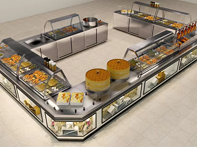 Stainless Steel Display Shelves with Glass Doors Holding Food Pastries and Breads in Retail 3d model