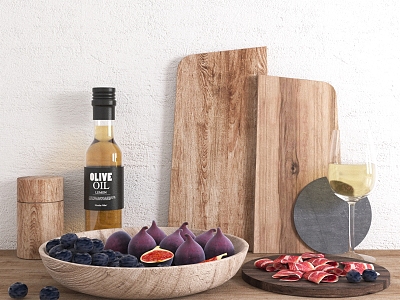 kitchenware kitchen utensils olive oil cutting board food meat roll wine cup fruit 3d model