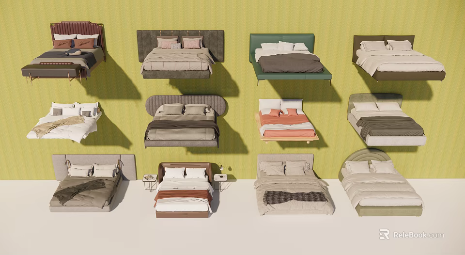 Various Double Beds Featuring Different Headboard Styles And Colorful Bedding Sets 3d model