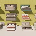 Various Double Beds Featuring Different Headboard Styles And Colorful Bedding Sets 3d model