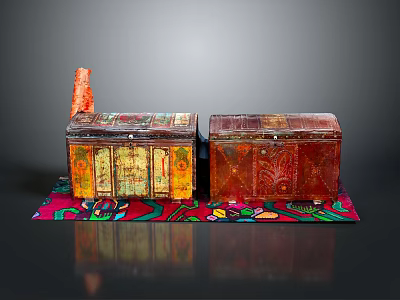 Traditional Decorative Chests With Intricate Patterns Placed On Colorful Patterned Rug 3d model