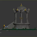 Gray Gazebo With Golden Top Decoration Green Grass White Flowers And Steps