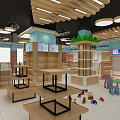 Food Specialty Store Interior With Bright Lighting Blue Walls Green Decor And Wooden Shelves