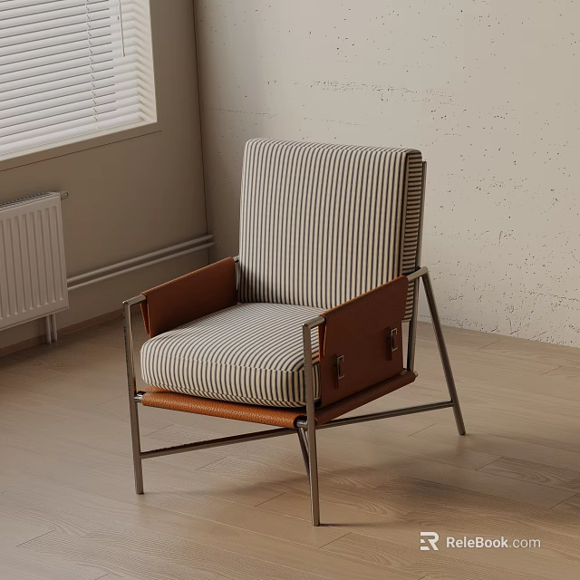 Minimalist Dining Chair With Striped Upholstery Wooden Armrests And Metal Frame In Neutral Interior 3d model 