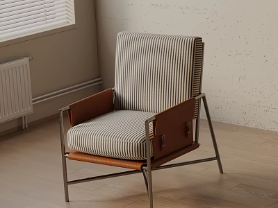 Minimalist Dining Chair With Striped Upholstery Wooden Armrests And Metal Frame In Neutral Interior 3d model