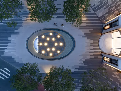 Illuminated Circular Water Fountain With Surrounding Trees And Paved Plaza Ground 3d model