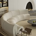 Modern Living Room With Curved Sofa Fireplace And Bookshelf