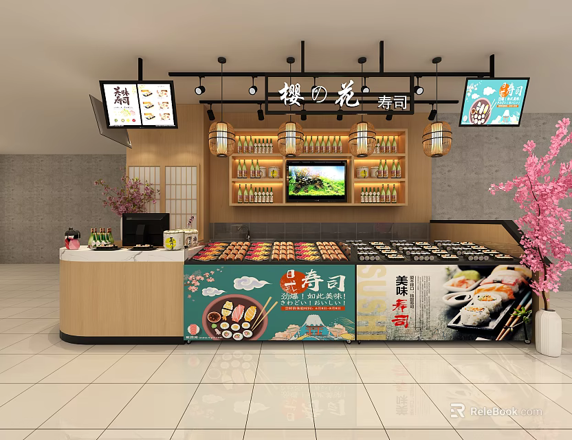 Japanese Style Food Display Shelves With Sushi Ramen Products And Decorative Lanterns 3d model 