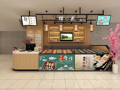 Japanese Style Food Display Shelves With Sushi Ramen Products And Decorative Lanterns 3d model