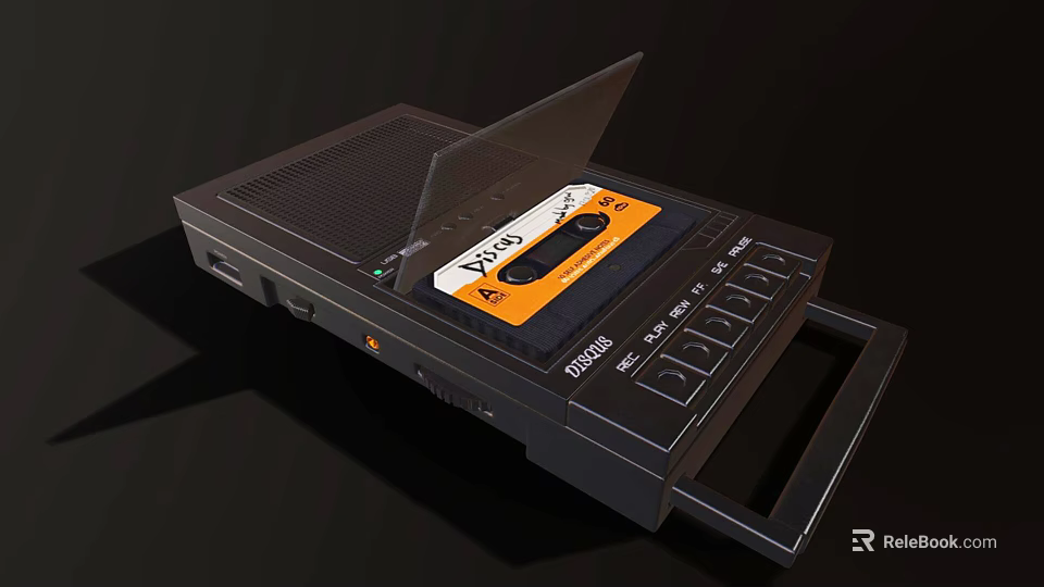 Vintage Black Cassette Tape Player Featuring Transparent Lid Inserted Cassette And Control Buttons 3d model 