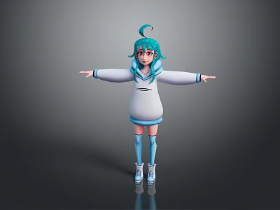 3D Anime Character Creature With Turquoise Hair White Hoodie Blue Skirt Open Arms Pose 3d model