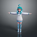 3D Anime Character Creature With Turquoise Hair White Hoodie Blue Skirt Open Arms Pose