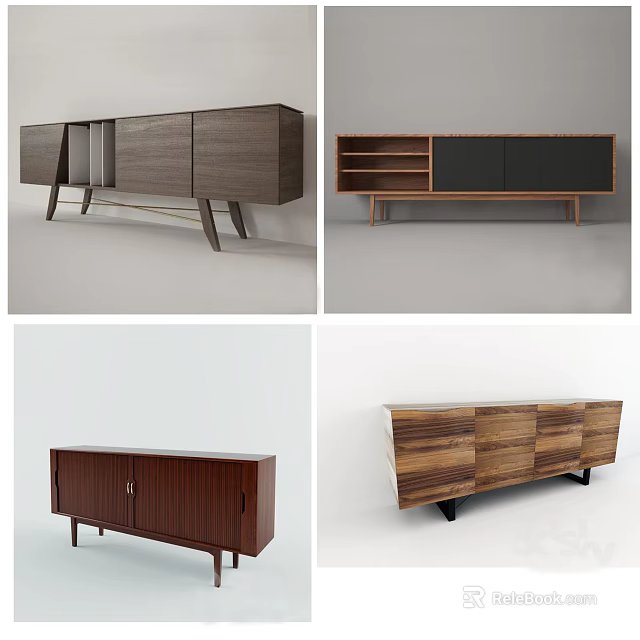 Modern Wooden TV Stand Designs With Drawers Shelves And Various Leg Styles 3d model 