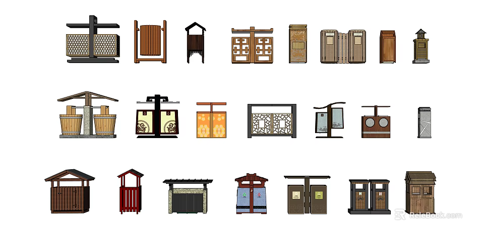 Public Facilities Collection Featuring Trash Bins Signboards Benches Mailboxes And Fences 3d model