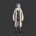 Anthropomorphic 3D Character With Blue Ears White Long Coat Black Inner Shirt Gloves And Boots