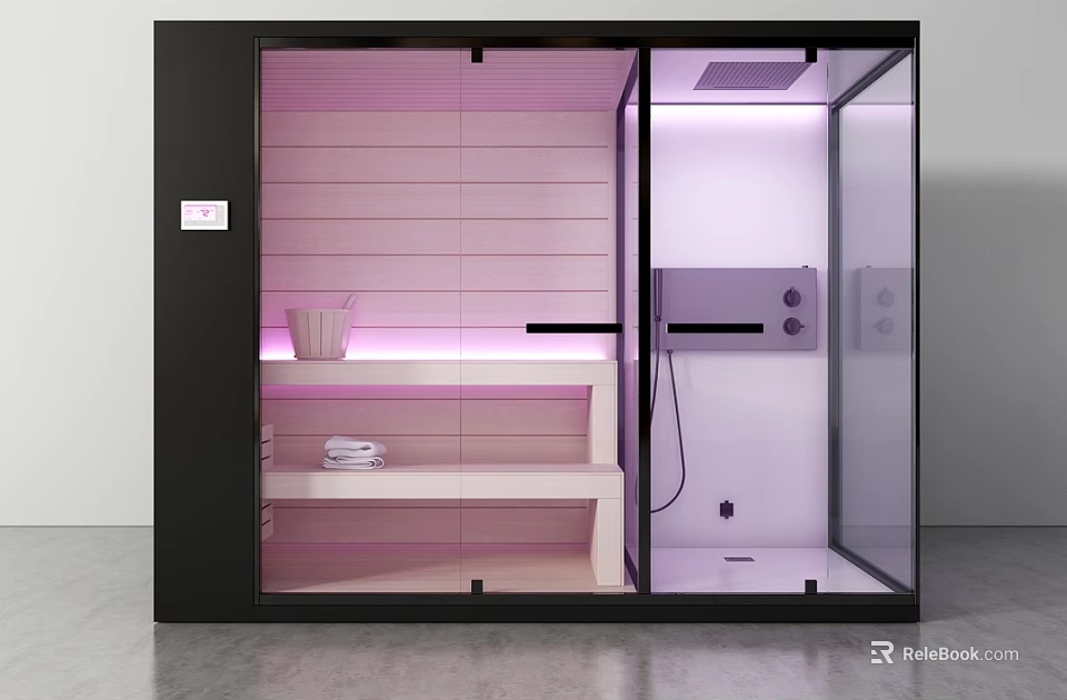 Modern Shower Sauna Interior Design With Glass Door Wooden Shelves And Control Panel 3d model 