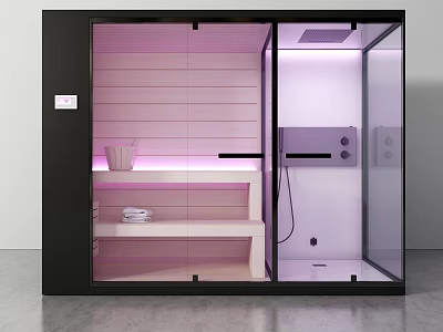 Modern Shower Sauna Interior Design With Glass Door Wooden Shelves And Control Panel 3d model