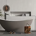 Stylish Freestanding Bathtub Interior With Niche Bath Products Towels Wooden Stool And Green Plant