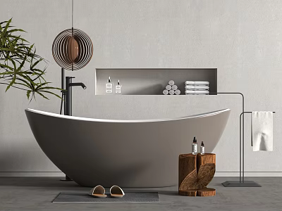 Stylish Freestanding Bathtub Interior With Niche Bath Products Towels Wooden Stool And Green Plant 3d model