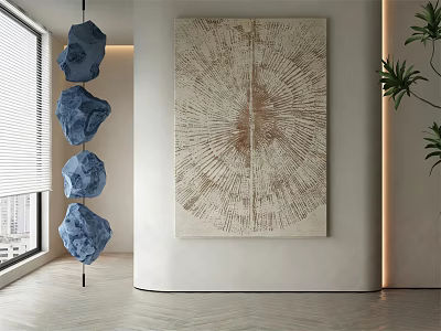 Large Abstract Oil Painting On Wall With Blue Stone Decorations And Indoor Plants 3d model