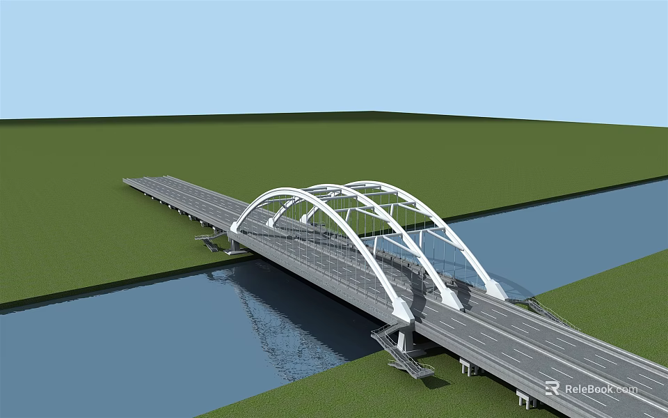 Modern Arch Bridge With White Steel Arches Spanning River Over Green Grass and Blue Sky 3d model 