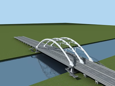Modern Arch Bridge With White Steel Arches Spanning River Over Green Grass and Blue Sky 3d model