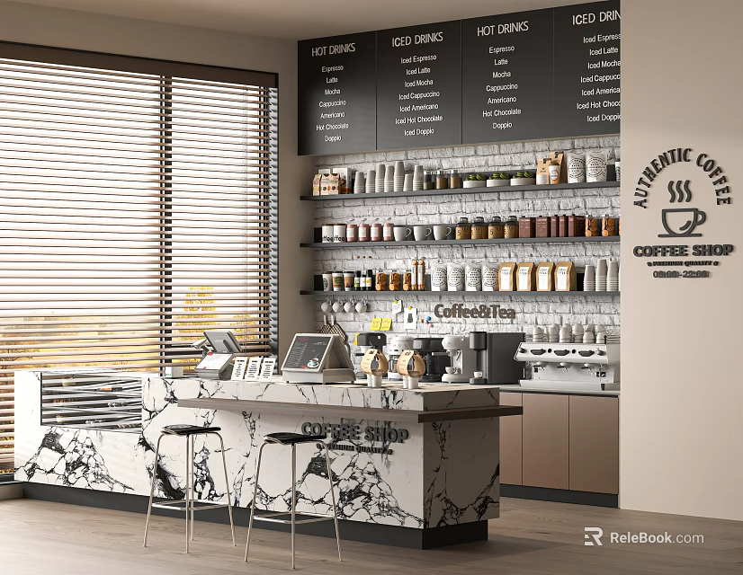 Modern Coffee Shop Interior With Marble Counter Menu Boards Coffee Machines And Shelves 3d model 