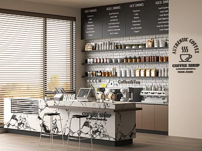 Modern Coffee Shop Interior With Marble Counter Menu Boards Coffee Machines And Shelves 3d model